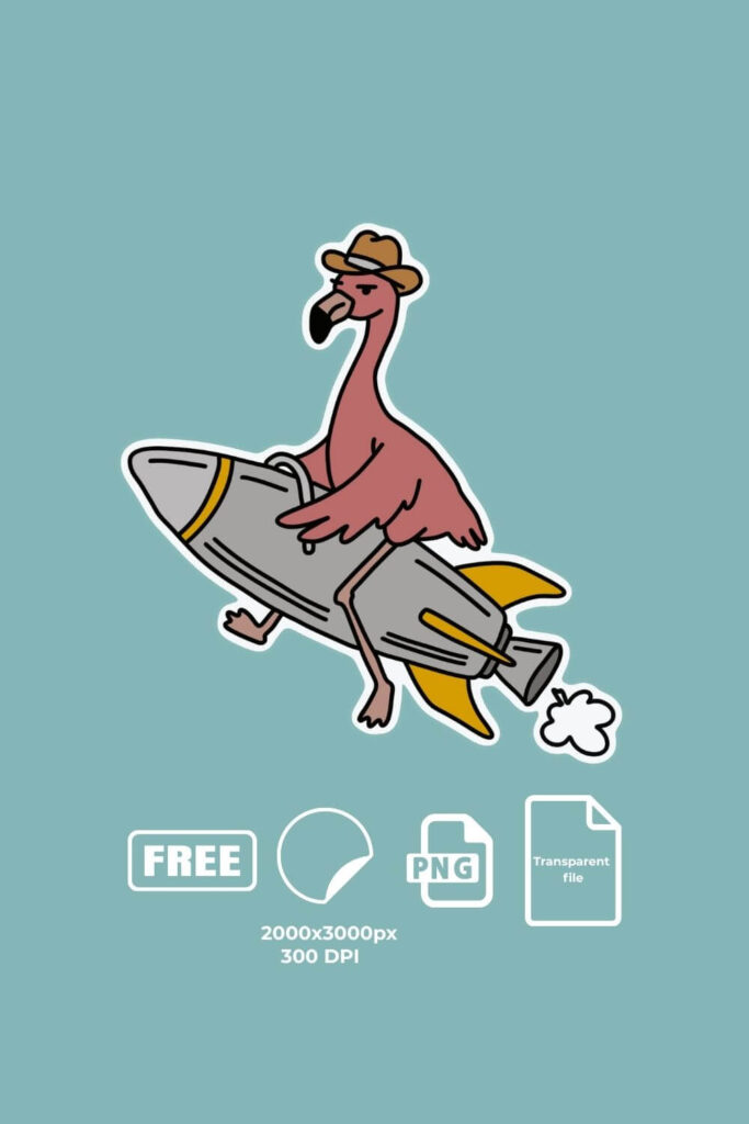 Funny flamingo riding rocket sticker (free, png, transparent)