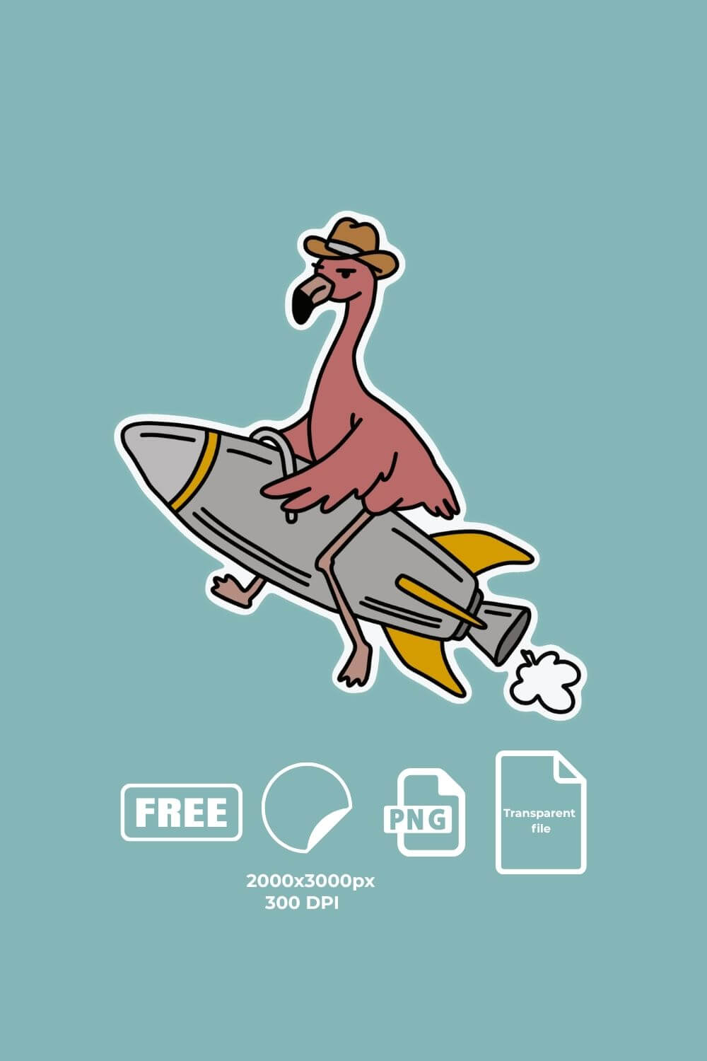 Funny flamingo riding rocket sticker (free, png, transparent)