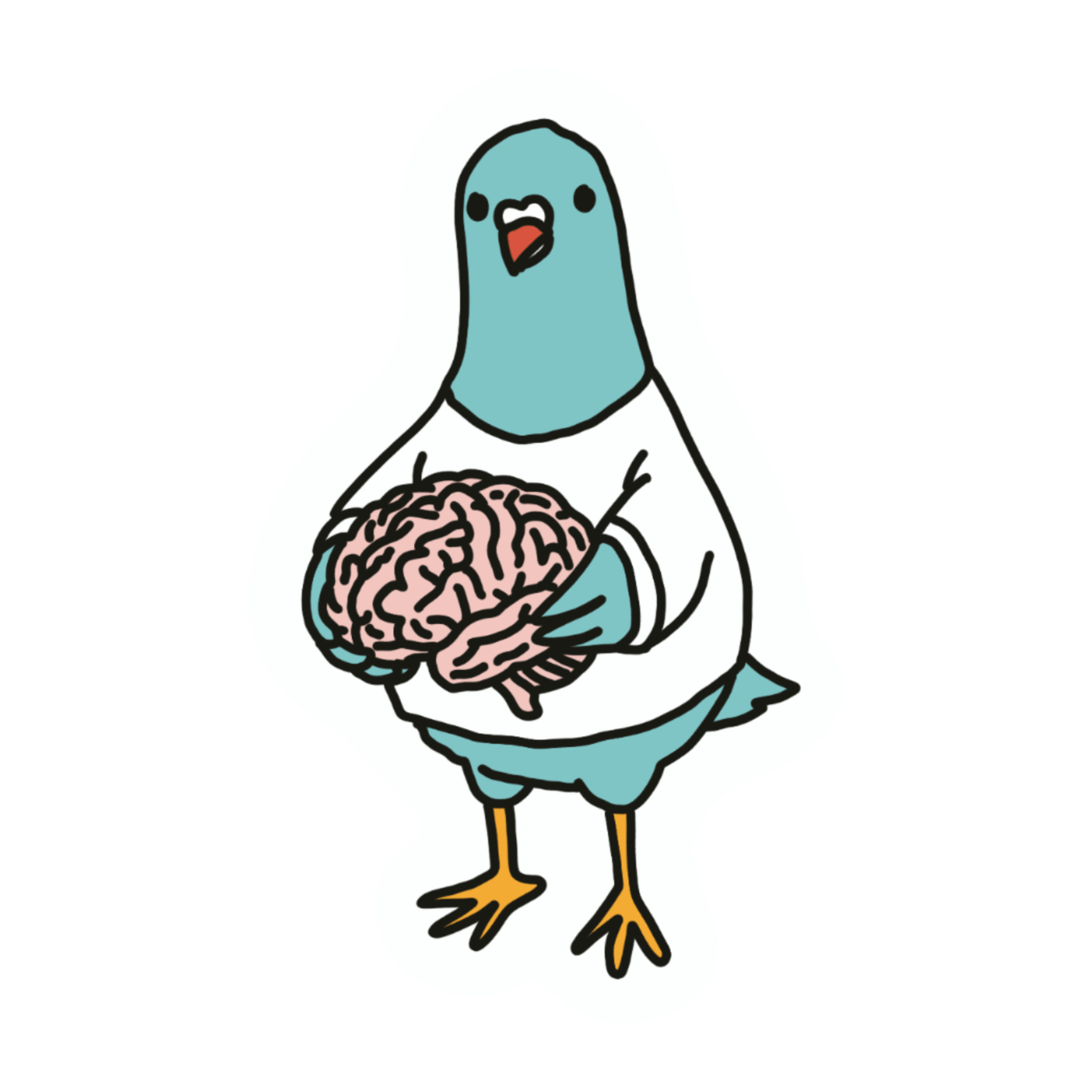 Brain empty? Download this relatable and funny sticker of a pigeon holding a human brain. Perfect for students and tired workers. Free PNG