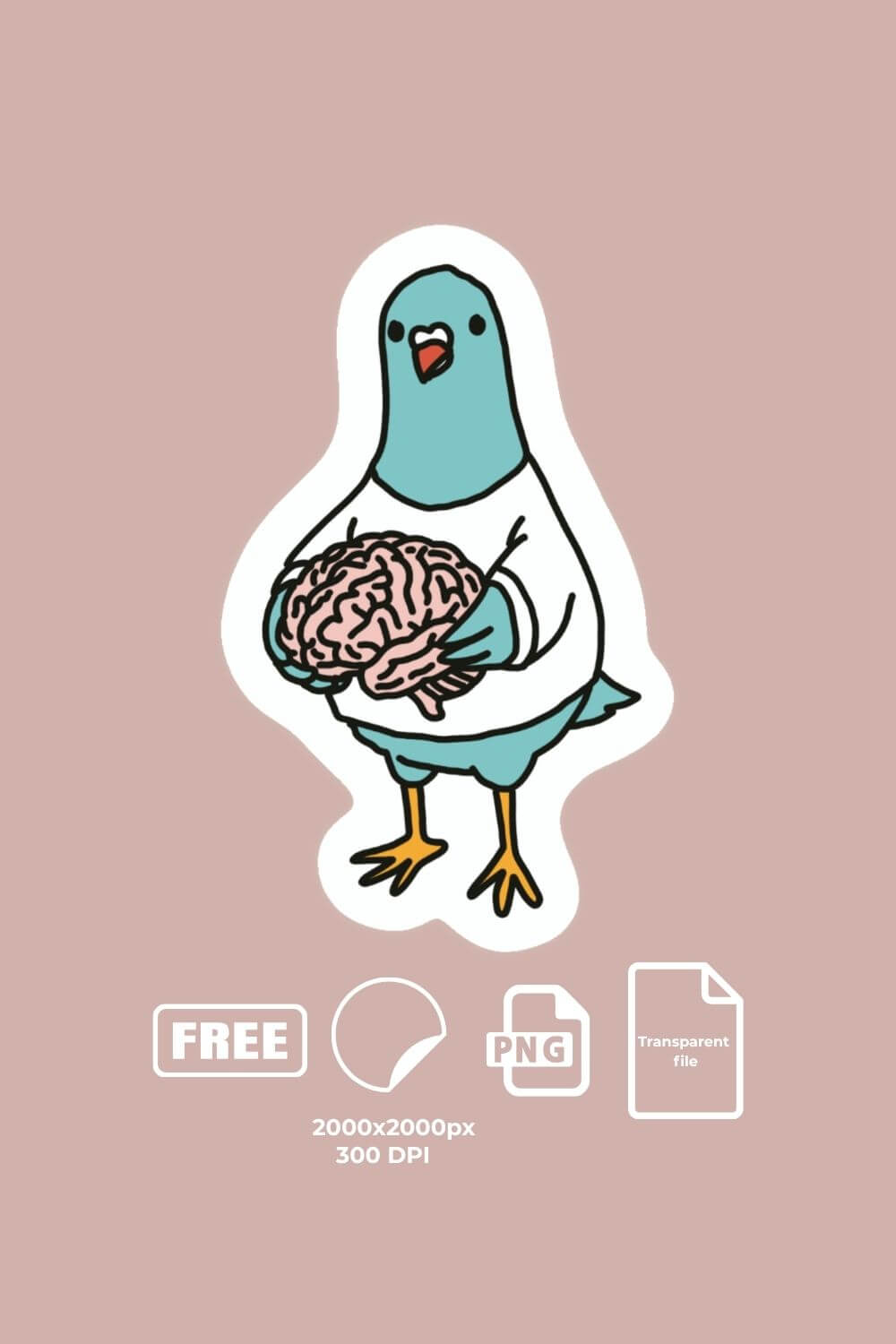 Funny pigeon holding a brain sticker (FREE, PNG, Download)