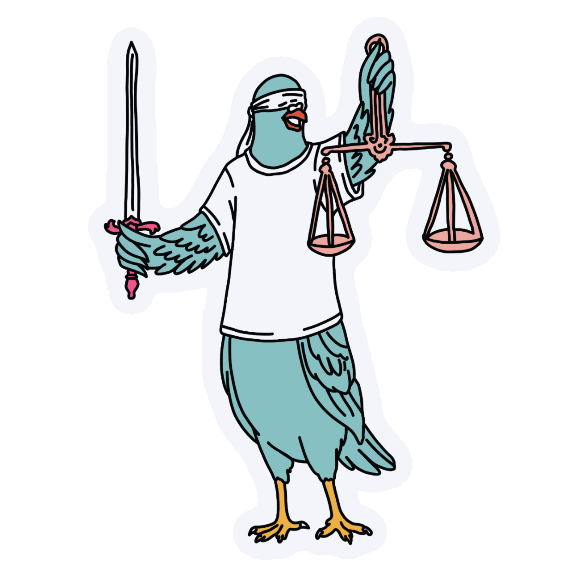 Judging everyone today? Download this funny sticker of a blindfolded pigeon playing Lady Justice with a sword and scales. Free PNG doodle. Judging everyone today? Download this funny sticker of a blindfolded pigeon playing Lady Justice with a sword and scales. Free PNG doodle.