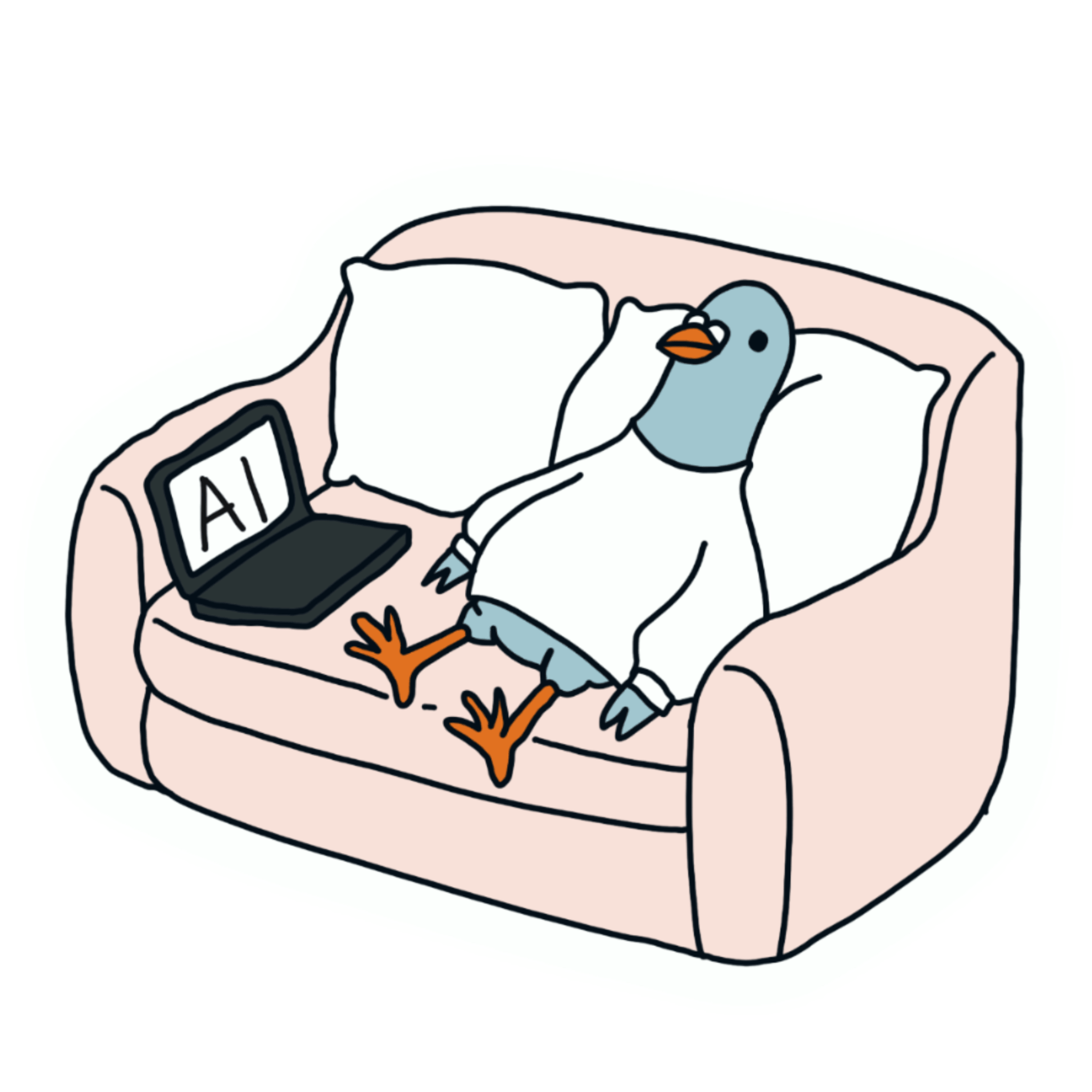 Remote work got you feeling lazy? Download this relatable sticker of a tired pigeon chilling on the sofa next to a laptop. Free PNG doodle.