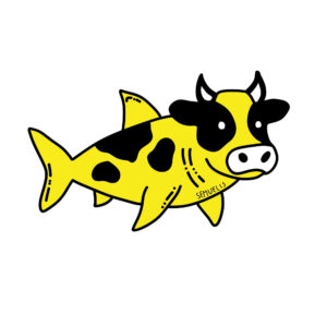 Meet the quirky Cowshark! Watch this original animated GIF doodle of a yellow cow and shark mashup, created and illustrated by semuelis.
